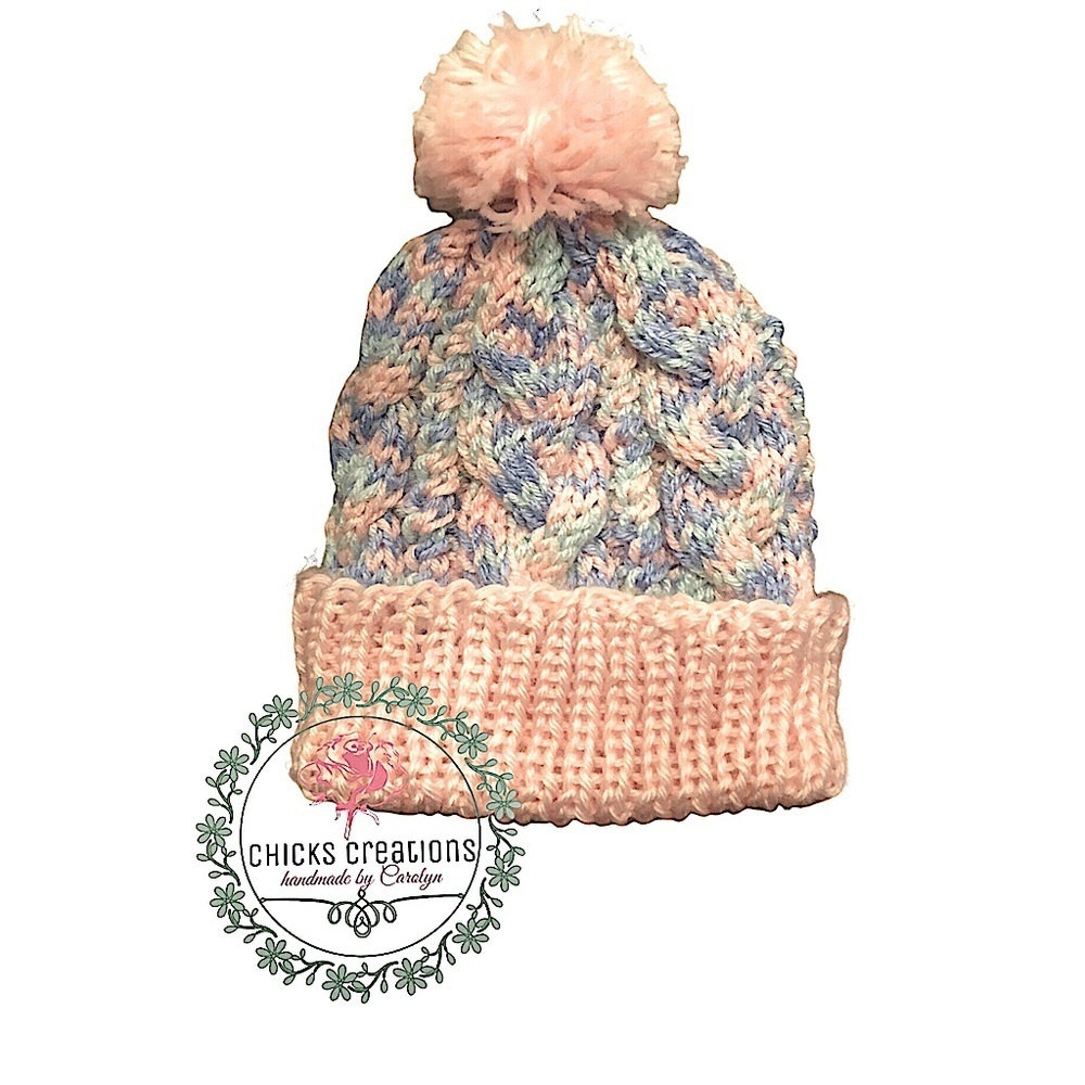 Hand Knit Toddlers Winter Hat, Cable Knit w/PomPom in Pink & Blue, NWOT Size 2-4